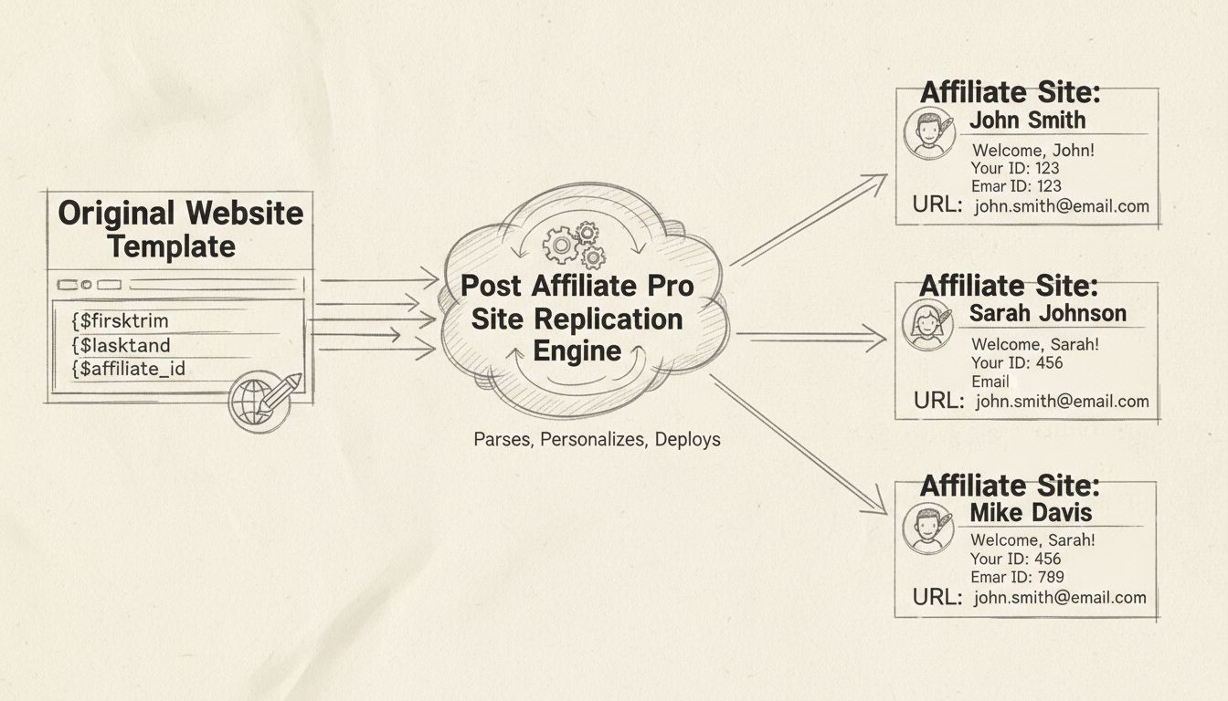 Diagramma del flusso di lavoro della replica del sito che mostra le variabili del template personalizzate per più affiliati