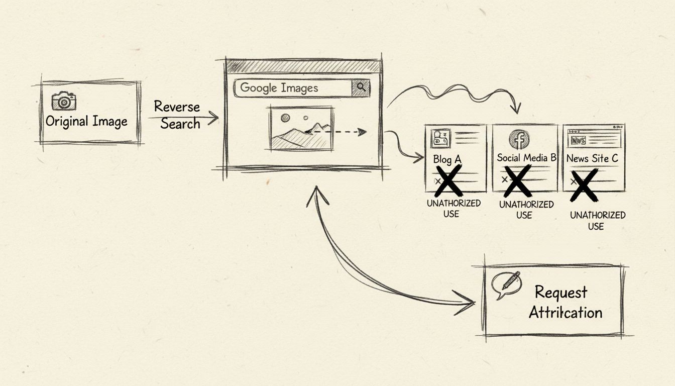 Diagramma del processo di ricerca inversa delle immagini che mostra come trovare immagini non attribuite su più siti web