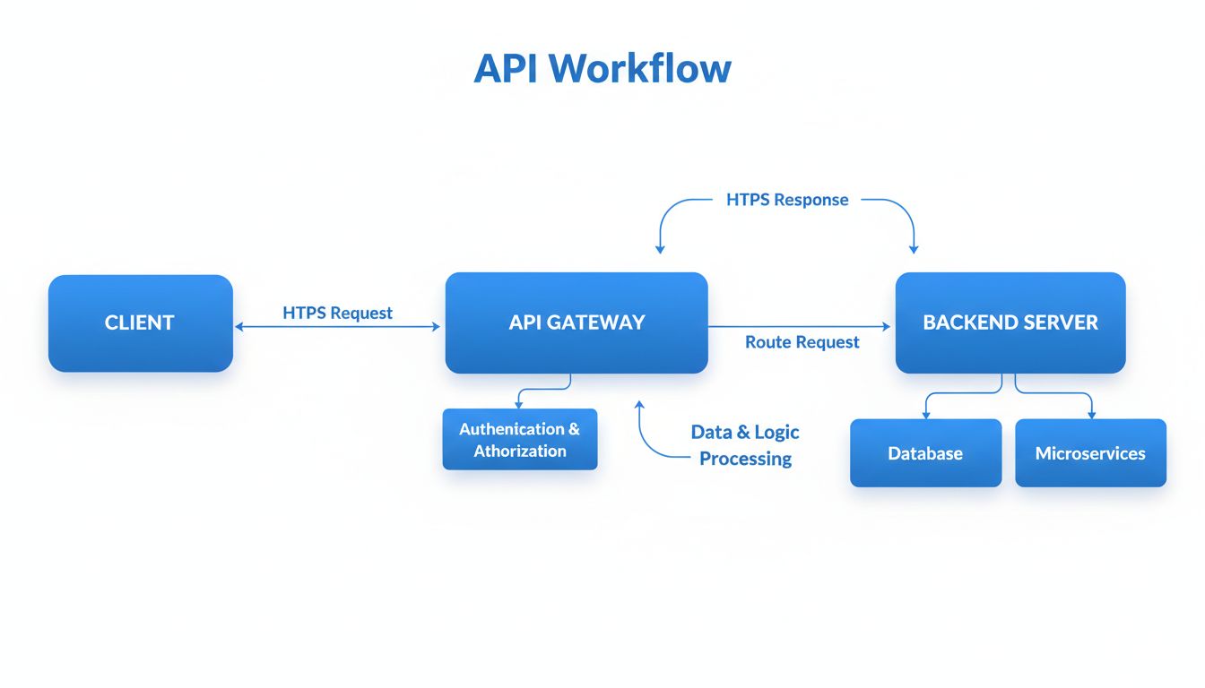 Diagramma di workflow API che mostra l'applicazione client che invia una richiesta al gateway API, il quale instrada al server backend e restituisce la risposta