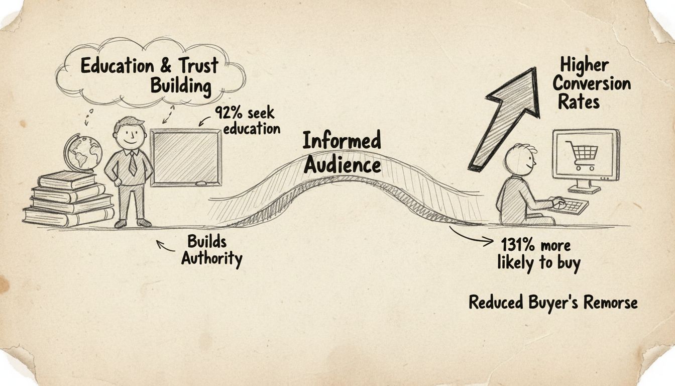 Diagramma disegnato a mano che mostra la relazione tra contenuti educativi e conversioni di vendita affiliate, con statistiche sull’aumento dei tassi di conversione