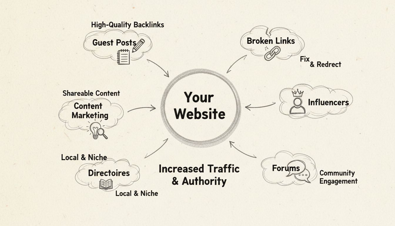 Diagramma disegnato a mano che mostra la strategia dei link in ingresso con un sito web centrale collegato a più fonti di link, tra cui guest post, content marketing, directory, forum e influencer