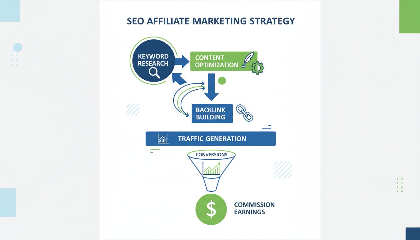 Infografica sulla strategia SEO Affiliate Marketing che mostra ricerca di keyword, ottimizzazione dei contenuti, costruzione di backlink, generazione di traffico e flusso di guadagno da commissioni