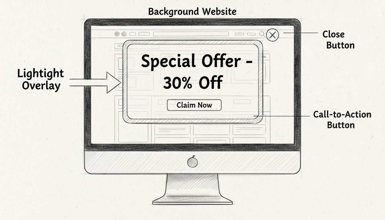 Diagramma disegnato a mano che mostra la struttura di un banner lightbox con overlay, pulsante call-to-action, pulsante di chiusura ed elementi del sito web sullo sfondo