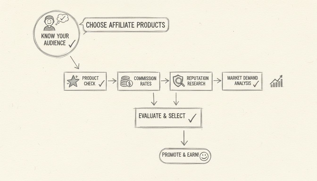 Diagramma di flusso che mostra il processo decisionale per la scelta dei prodotti di affiliazione con criteri chiave di valutazione