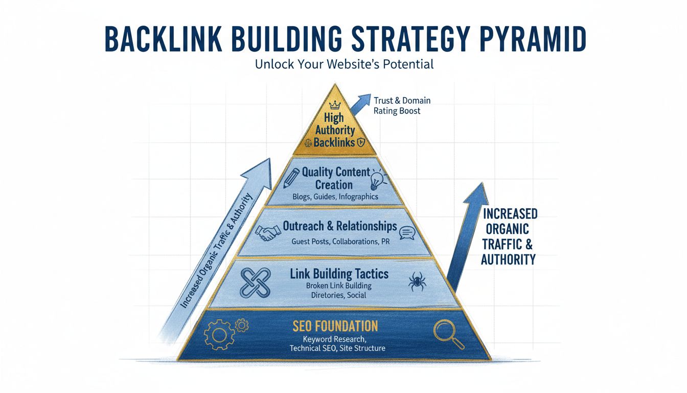 Piramide della strategia di costruzione backlink che mostra cinque livelli dalla base ai backlink di alta autorità
