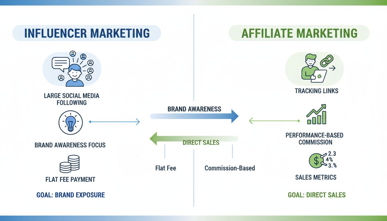 Diagramma di confronto che mostra Influencer Marketing vs Affiliate Marketing con le principali differenze in obiettivi, modelli di pagamento e metriche