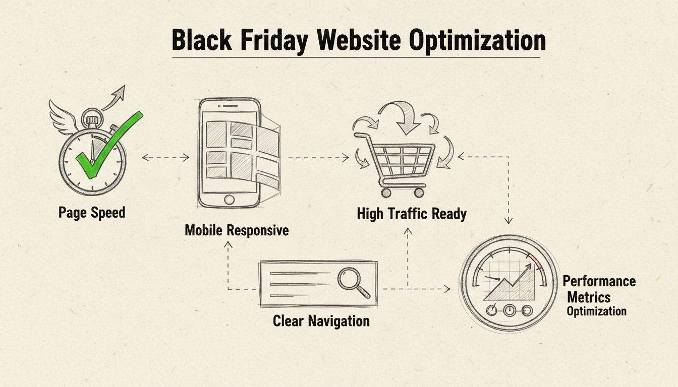 Diagramma di ottimizzazione del sito web che mostra velocità di pagina, reattività mobile, navigazione chiara e preparazione al traffico elevato per il Black Friday