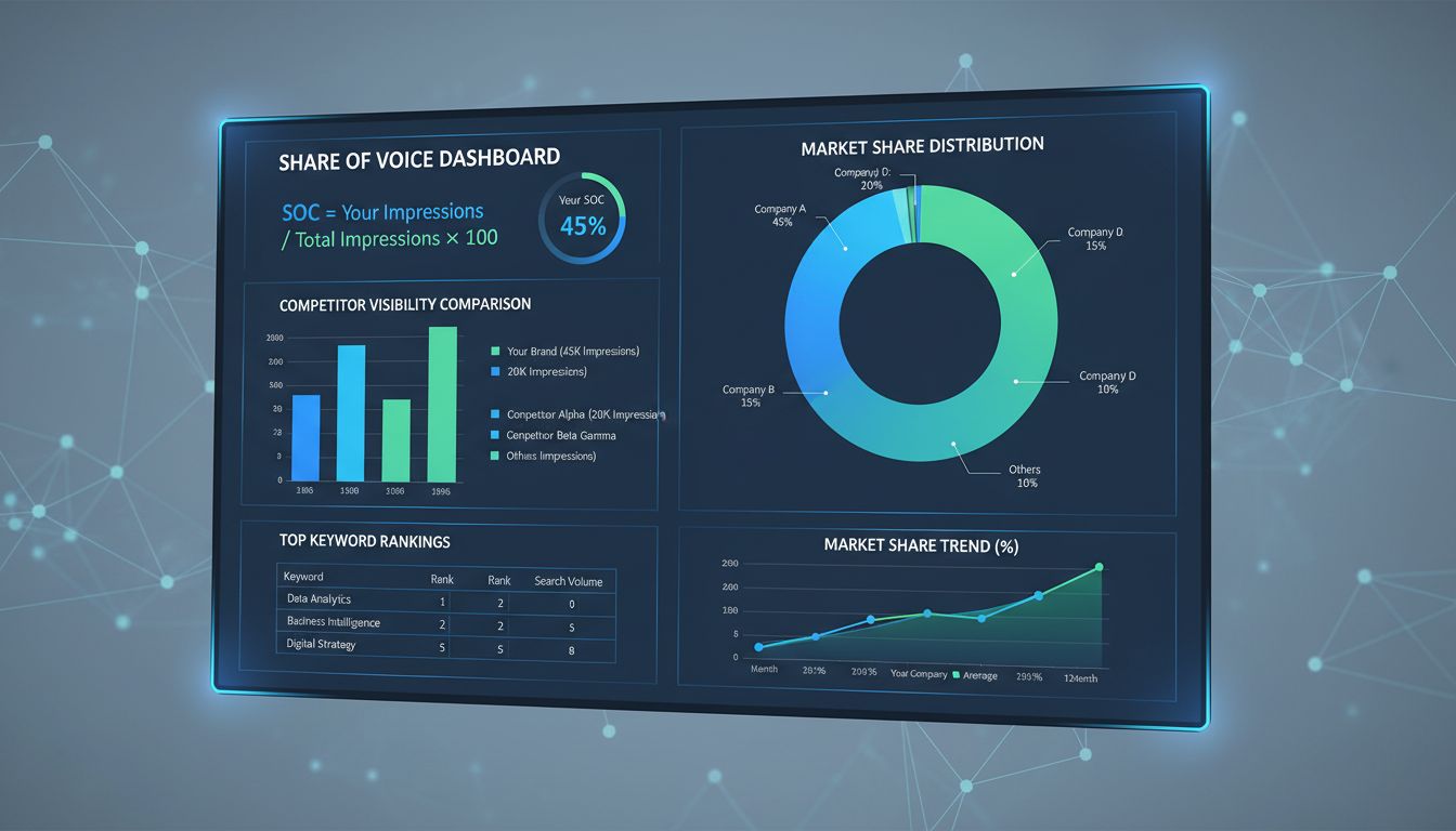 Dashboard di calcolo SOC che mostra metriche di quota di mercato, grafici di analisi dei concorrenti e formula dello share of voice
