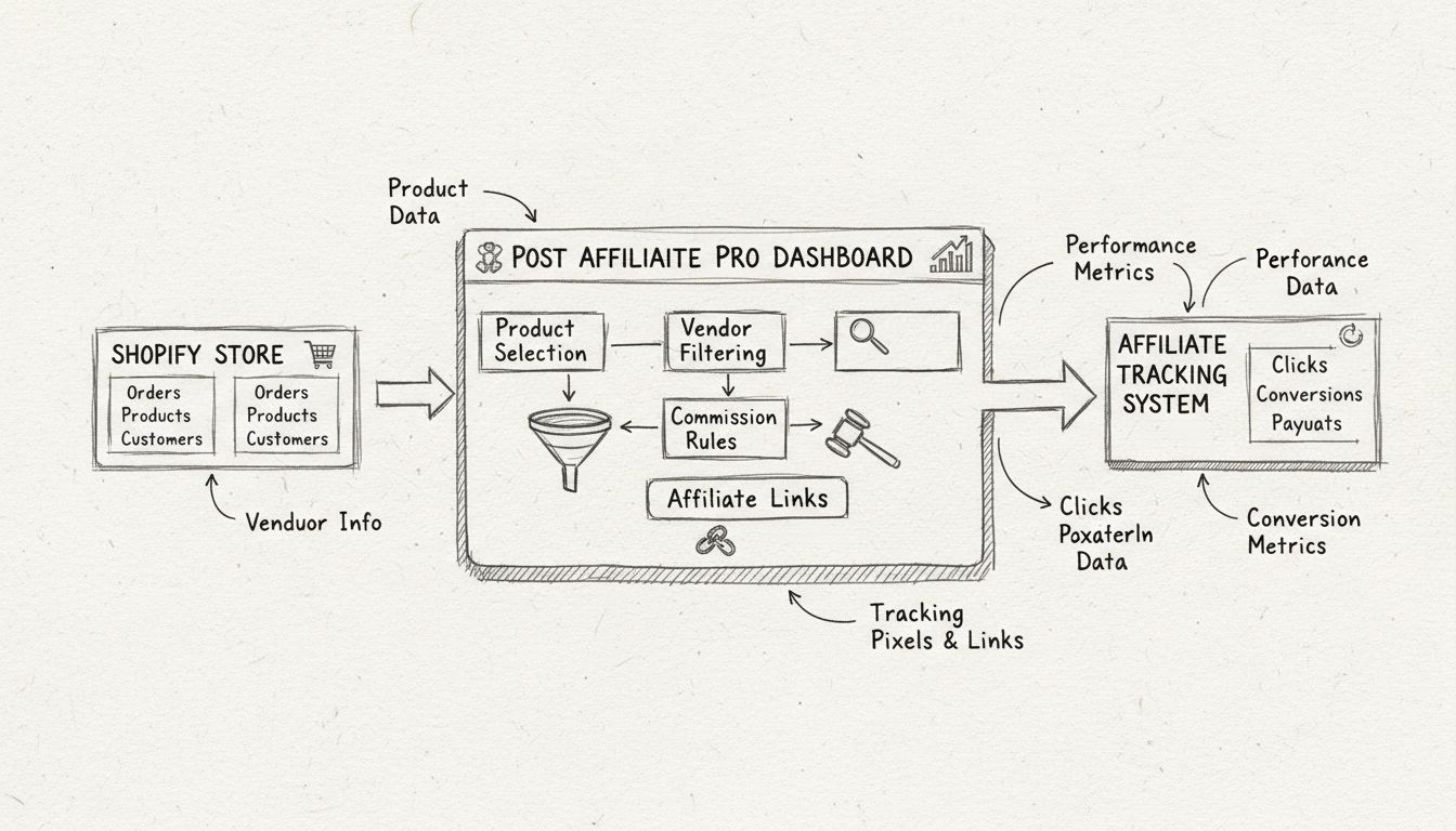 Schema del workflow dell’integrazione con Shopify che mostra il tracciamento dei prodotti, il filtro dei venditori e la configurazione delle regole di commissione