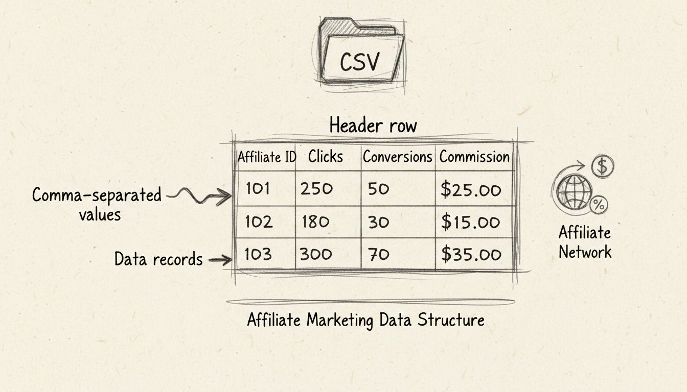 Diagramma disegnato a mano che mostra la struttura di un file CSV con intestazioni, record di dati e valori separati da virgole per il marketing di affiliazione
