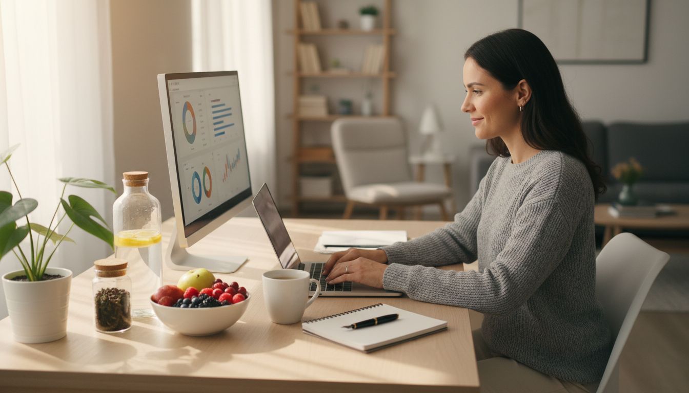 Affiliate marketer produttivo in ufficio domestico con elementi di stile di vita sano tra cui bottiglia d'acqua, frutta fresca e spazio di lavoro organizzato