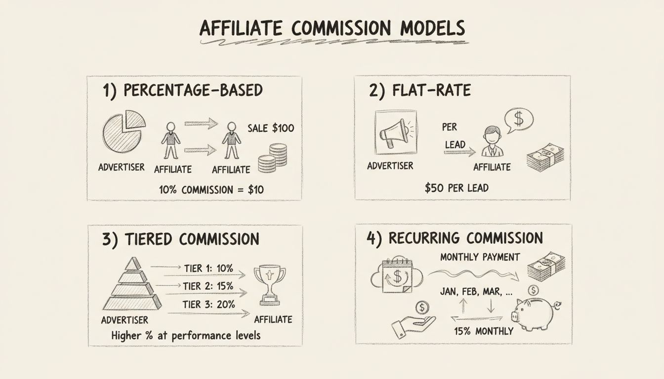 Diagramma disegnato a mano che mostra i quattro principali modelli di commissione per affiliati: percentuale, importo fisso, a livelli e ricorrente con etichette chiare e frecce che indicano il flusso di denaro
