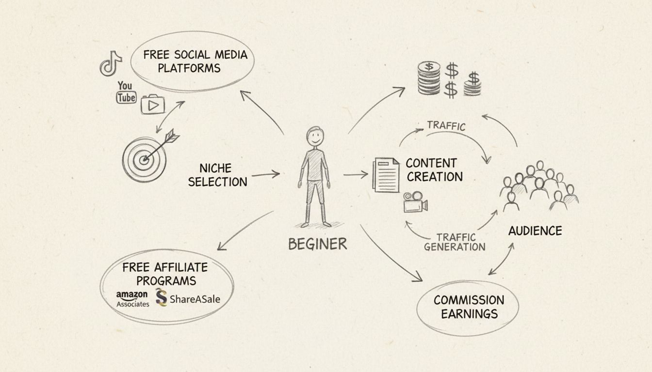 Processo passo-passo per iniziare il marketing di affiliazione senza soldi che mostra piattaforme gratuite, scelta della nicchia, programmi di affiliazione, creazione di contenuti, generazione di traffico e guadagni da commissioni