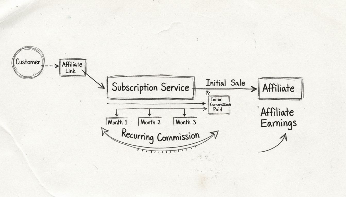 Diagramma del flusso delle commissioni ricorrenti che mostra la vendita iniziale e i pagamenti mensili ricorrenti all’affiliato