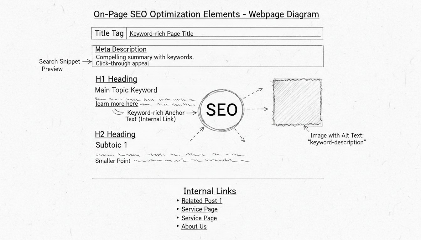 Diagramma disegnato a mano che mostra gli elementi della SEO on-page tra cui title tag, meta description, H1, posizionamento delle keyword, header tag, alt text e link interni su un layout di pagina web