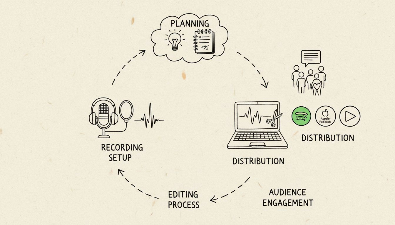 Schema disegnato a mano che mostra il flusso di lavoro della produzione di un podcast dalla pianificazione alla registrazione, editing, distribuzione sulle piattaforme e coinvolgimento dell'audience