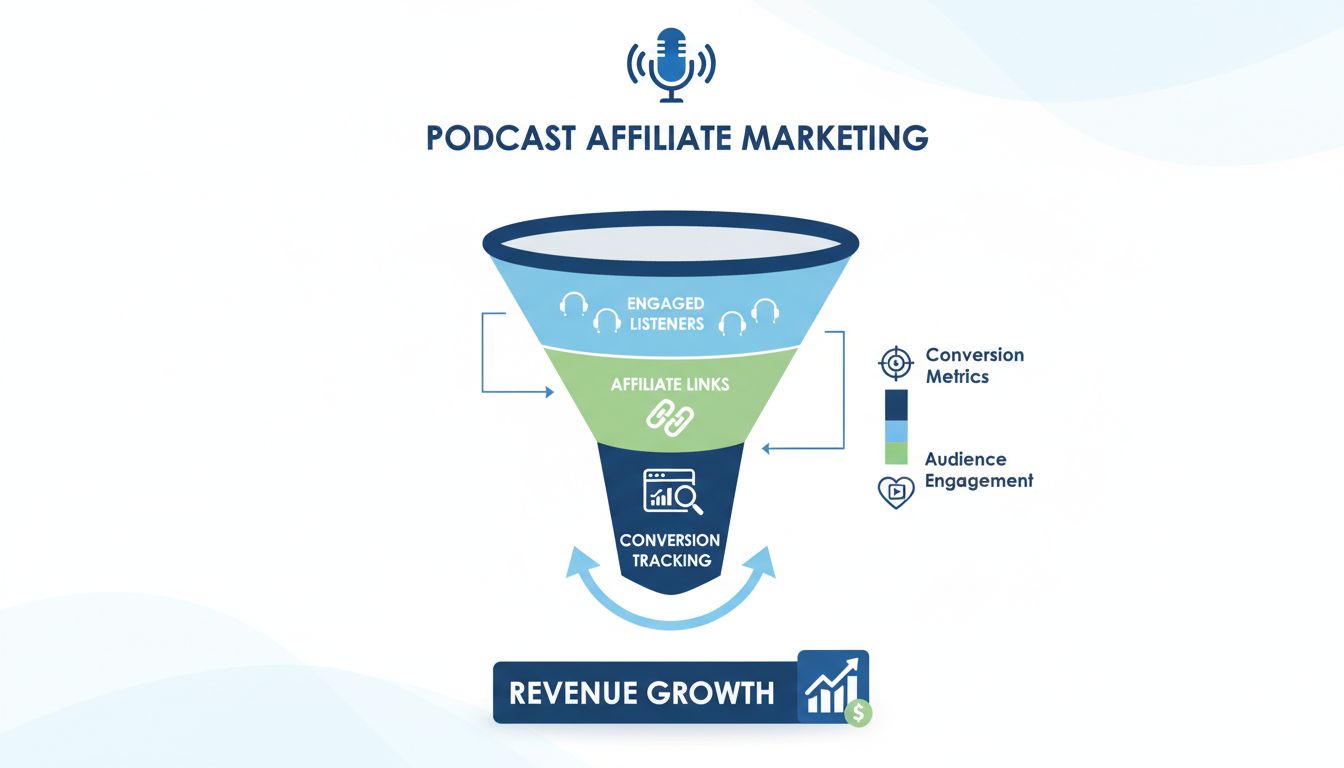 Infografica sui benefici del marketing di affiliazione tramite podcast che mostra funnel di conversione e metriche di coinvolgimento