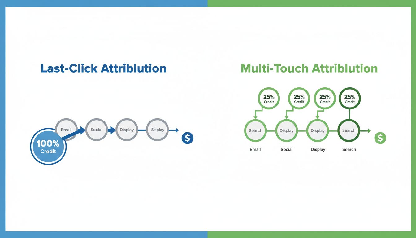 Confronto tra modelli di attribuzione Last-Click e Multi-Touch che mostra la distribuzione del merito