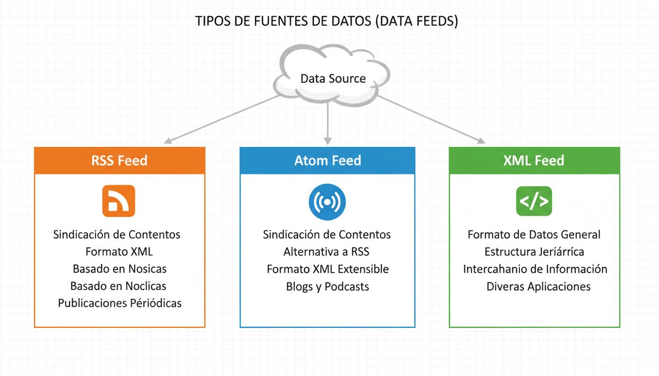 Diagramma che mostra tre tipi di feed di dati: feed RSS, Atom e XML con le loro caratteristiche