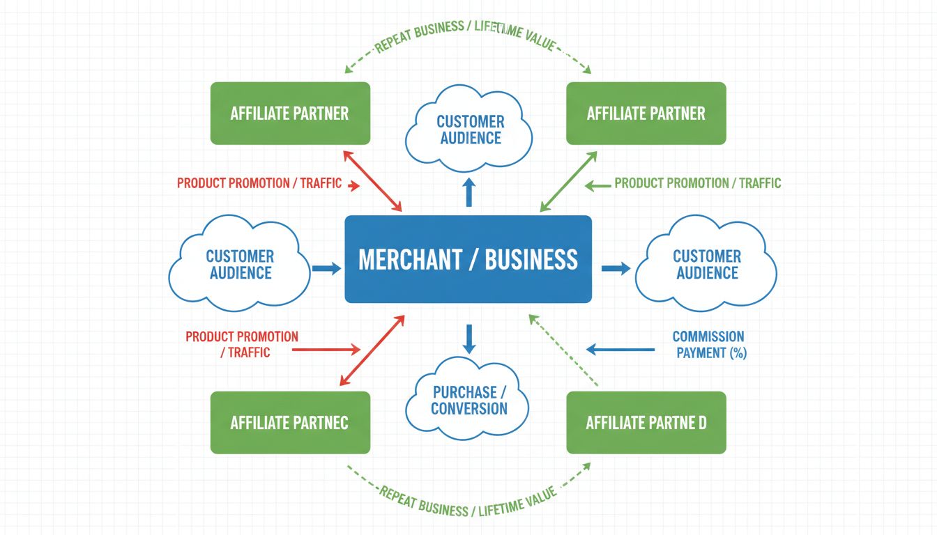 Diagramma che mostra il flusso di lavoro del marketing di affiliazione e la struttura delle commissioni con il merchant al centro, diversi partner affiliati, flusso di promozione dei prodotti, acquisti dei clienti e pagamenti delle commissioni