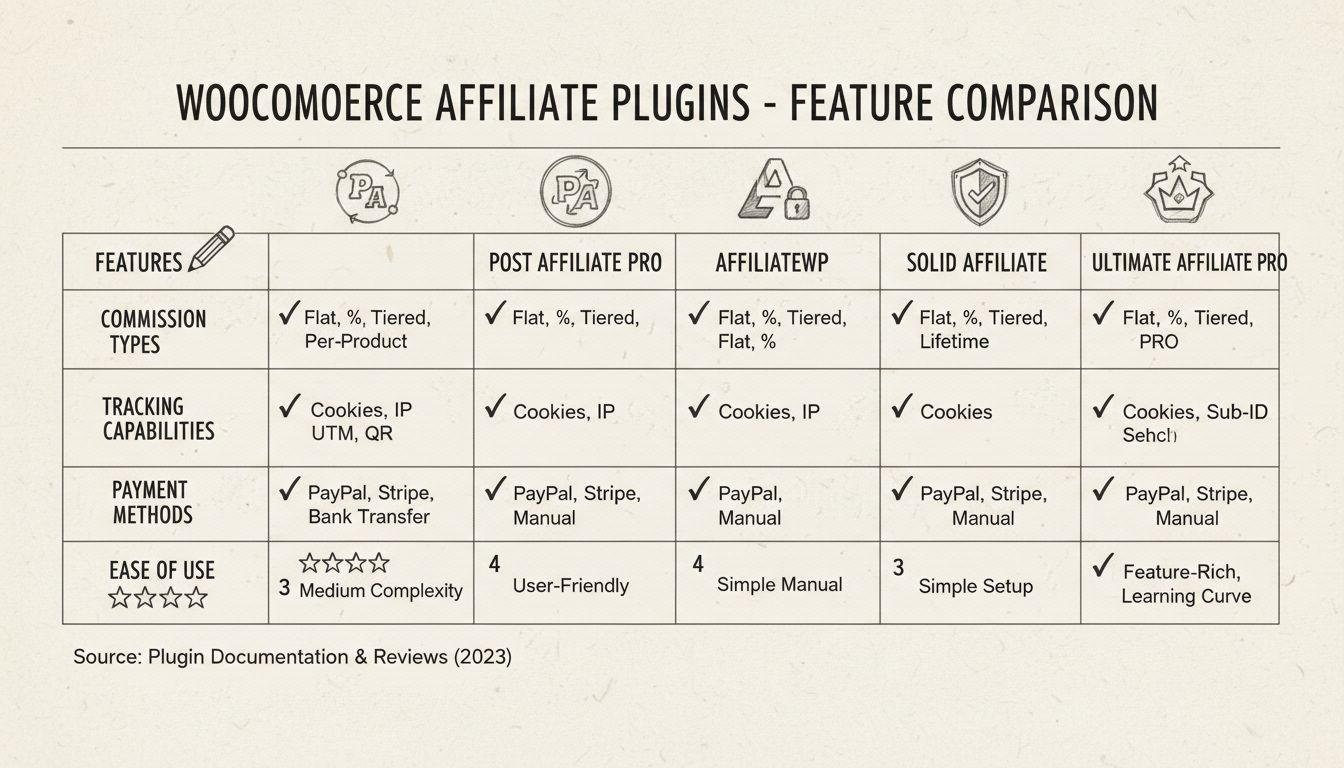 Tabella di confronto dei plugin di affiliazione WooCommerce che mostra le funzionalità di Post Affiliate Pro, AffiliateWP, Solid Affiliate e Ultimate Affiliate Pro