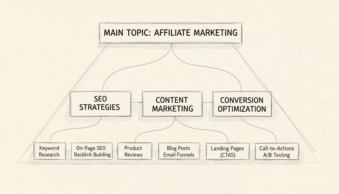 Diagramma della struttura gerarchica di un silo di contenuti che mostra l'argomento principale con categorie secondarie e sottotemi di supporto