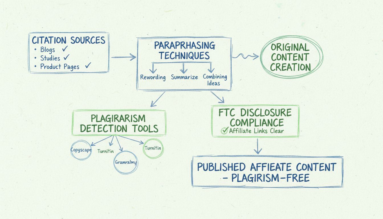 Diagramma del flusso di lavoro per la prevenzione del plagio che mostra fonti di citazione, tecniche di parafrasi, strumenti di rilevamento del plagio e passaggi per la conformità FTC