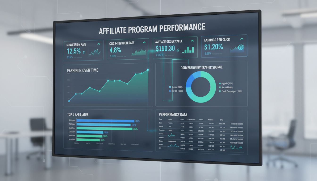Dashboard professionale di analytics per programmi di affiliazione con KPI, tassi di conversione, ROI e indicatori di performance