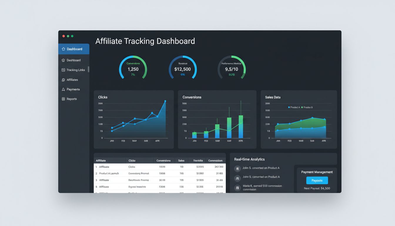 Dashboard del software di tracciamento affiliati con metriche di performance in tempo reale, tracciamento delle conversioni e gestione delle commissioni