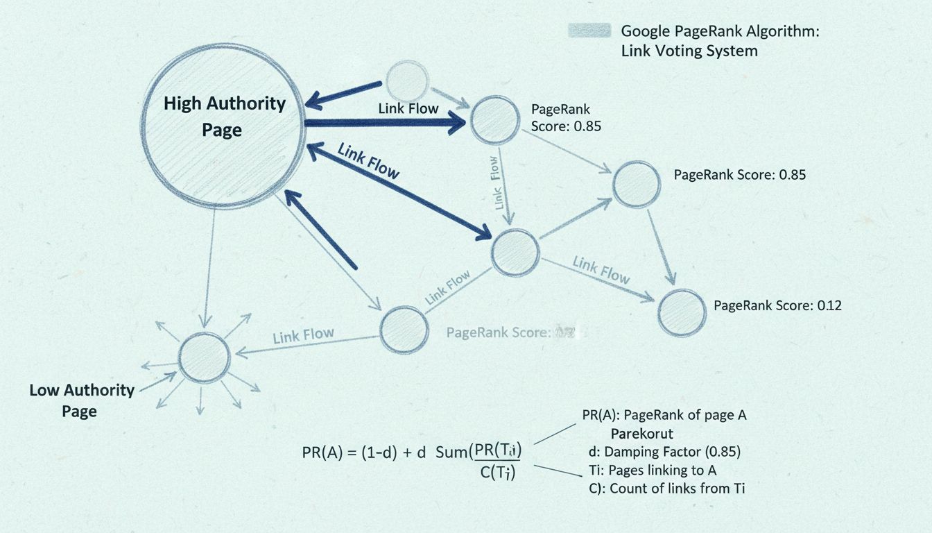 Visualizzazione dell'algoritmo PageRank che mostra una rete di pagine web interconnesse con flusso di link e distribuzione dell'autorità