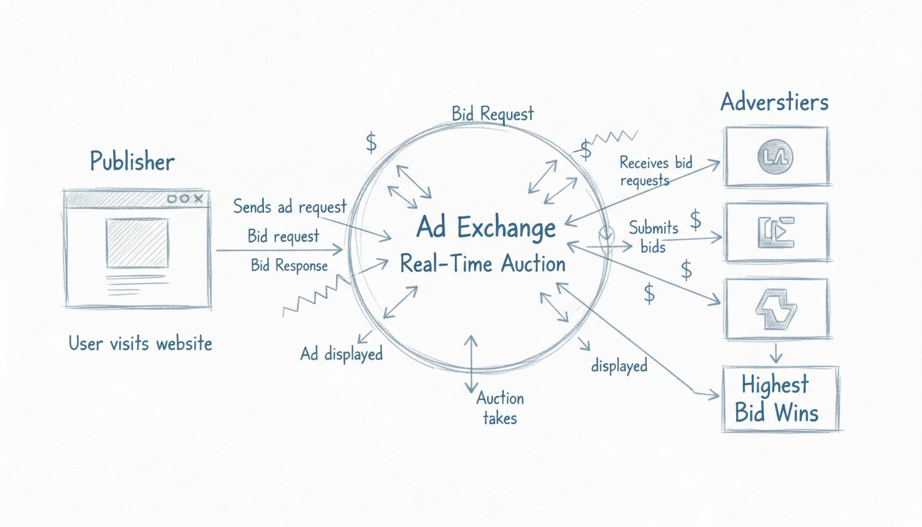 Diagramma del workflow RTB Real-Time Bidding che mostra publisher, ad exchange e inserzionisti in competizione in un'asta in tempo reale