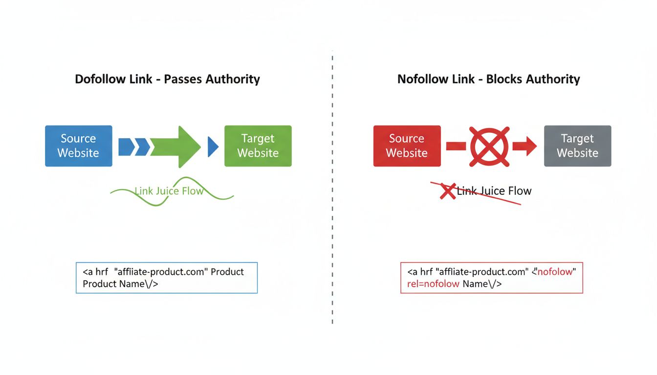 Diagramma tecnico che mostra la differenza tra link nofollow e dofollow nel marketing di affiliazione con freccia verde per dofollow che trasmette autorità e freccia rossa bloccata per nofollow