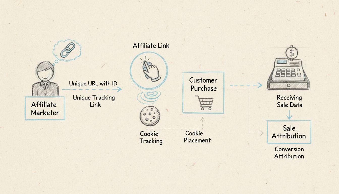 Diagramma del flusso di tracciamento delle vendite affiliate che mostra link unici, tracciamento tramite cookie, acquisto del cliente e attribuzione della vendita