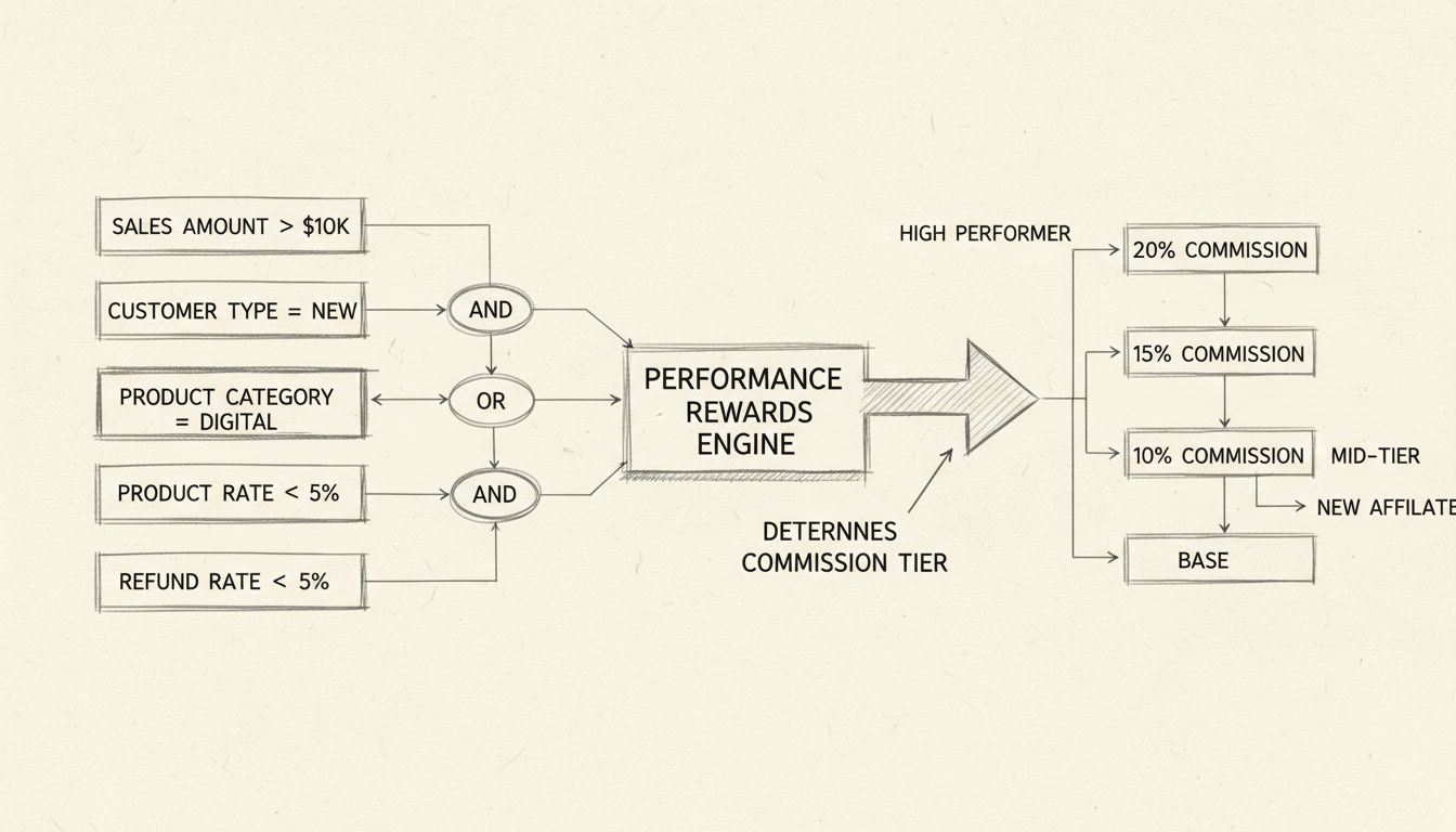 Diagramma di flusso dei Performance Rewards multi-condizione che mostra come le condizioni si combinano per determinare i livelli di commissione