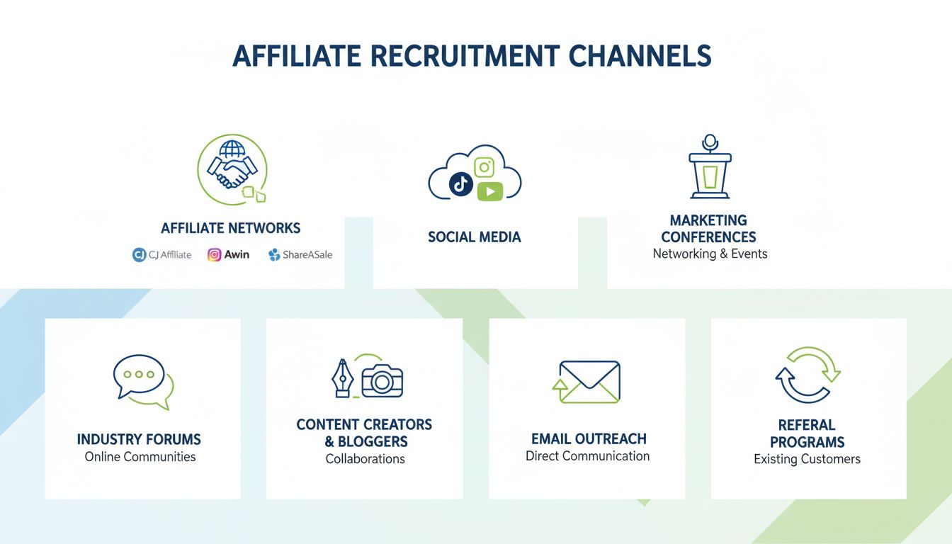 Infografica che mostra più canali per trovare affiliati tra cui network di affiliazione, social media, conferenze, forum, content creator, email outreach e programmi di referral
