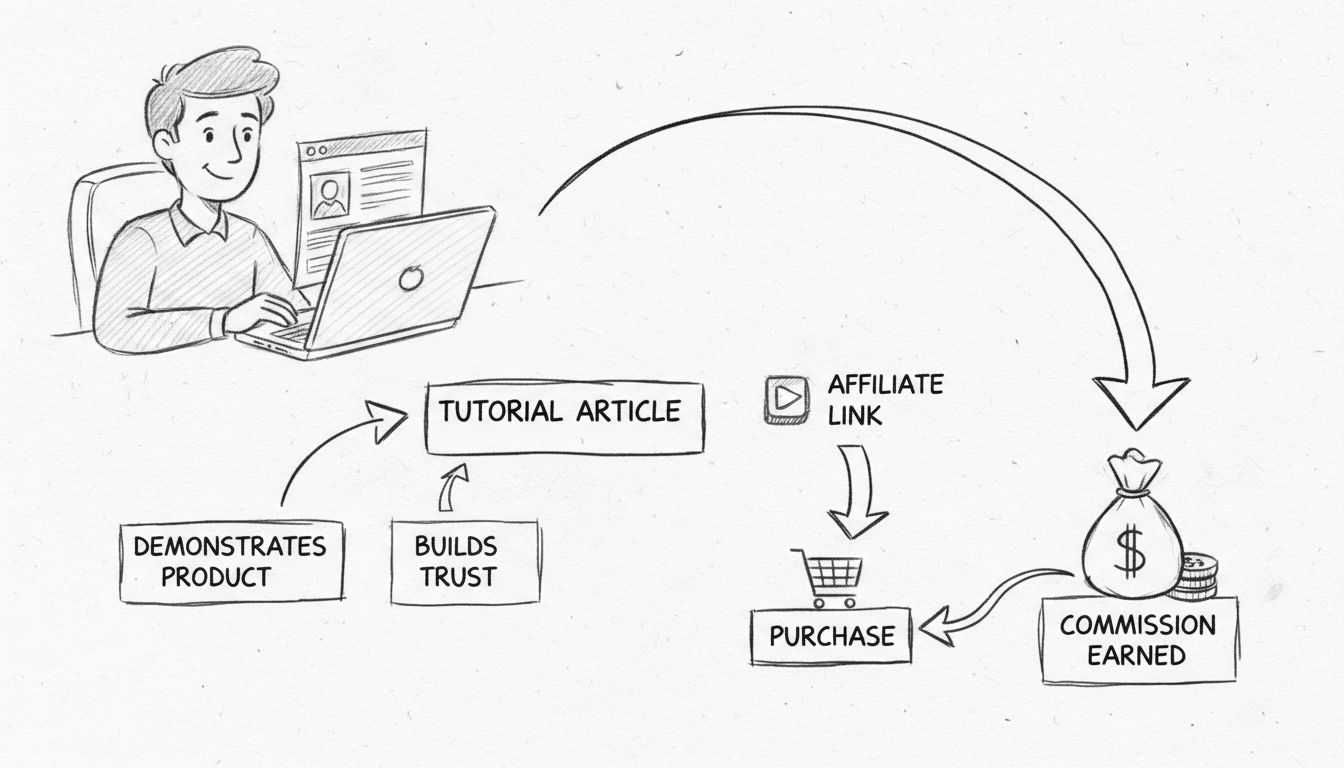 Diagramma disegnato a mano che mostra il flusso di un articolo tutorial fino alla commissione di affiliazione: il lettore impara dal tutorial, clicca il link di affiliazione, effettua l'acquisto, guadagna la commissione