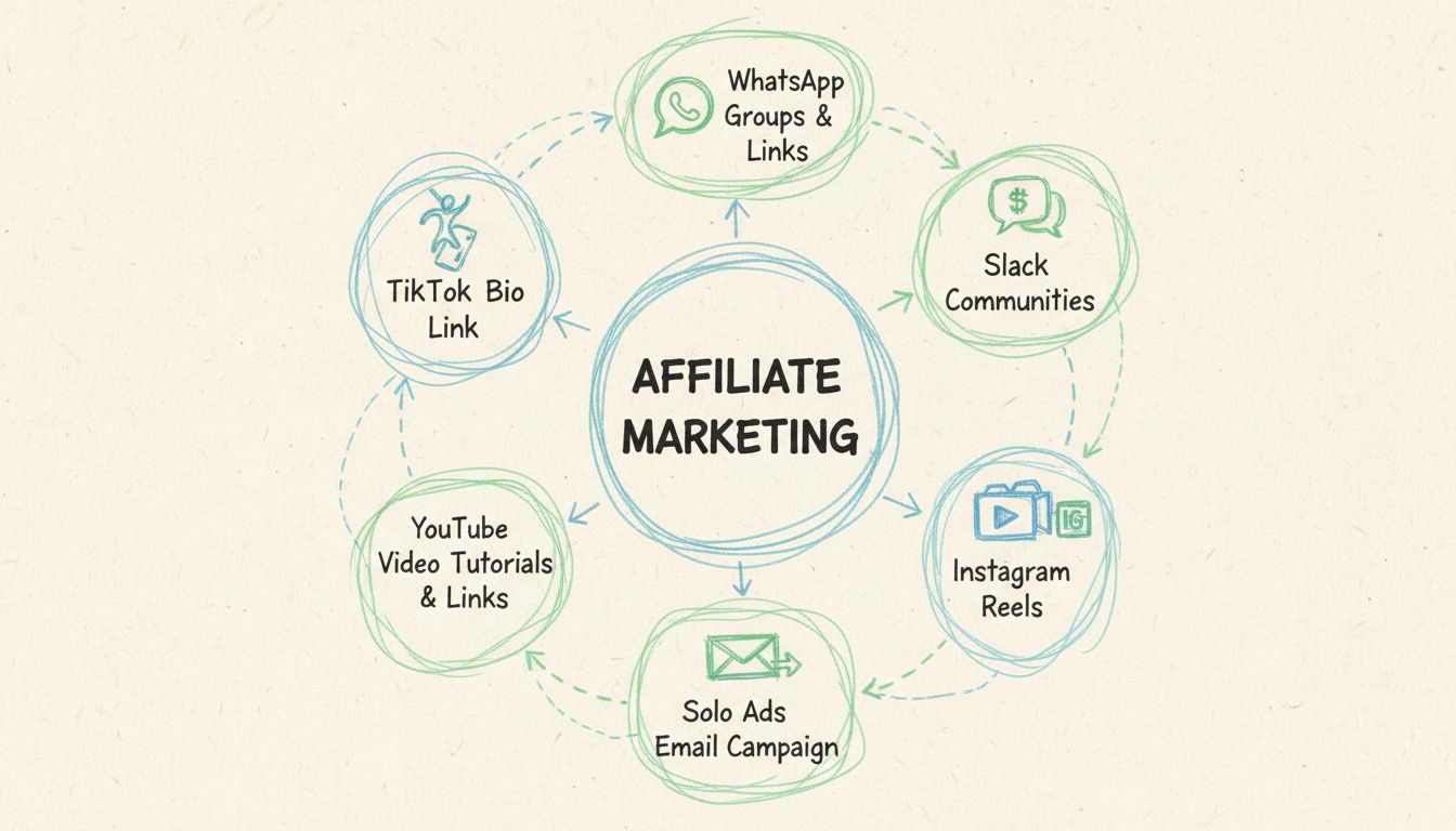 Schema disegnato a mano che mostra metodi non standard di marketing affiliato tra cui TikTok, WhatsApp, Slack, solo ads, tutorial YouTube e Instagram Reels disposti in un flusso circolare