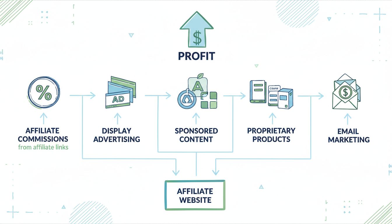 Infografica sui flussi di ricavo dei siti affiliati: commissioni, pubblicità, contenuti sponsorizzati, prodotti proprietari ed email marketing