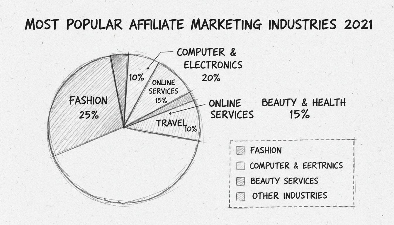 Grafico a torta disegnato a mano che mostra la ripartizione dell'industria del marketing di affiliazione nel 2021 con Moda al 25%, Computer ed Elettronica al 20%, Servizi Online al 15%, Bellezza e Salute al 15%, Viaggi al 10% e Altri Settori al 15%