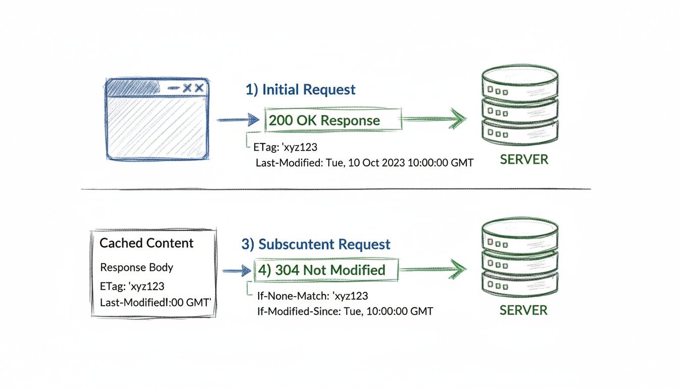 Diagramma di flusso del caching HTTP che mostra il processo di validazione delle intestazioni ETag e Last-Modified con la comunicazione tra browser e server