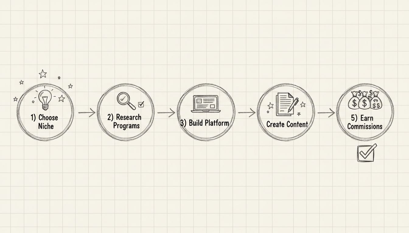 Diagramma di flusso del percorso di un affiliato principiante che mostra 5 passaggi: Scegli la nicchia, Ricerca i programmi, Crea la piattaforma, Crea contenuti ed Ottieni commissioni