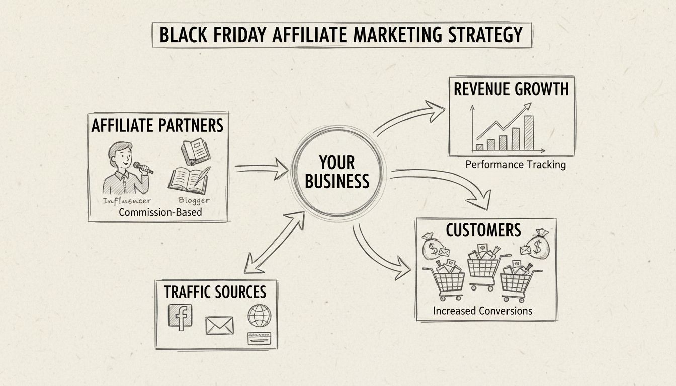 Schema disegnato a mano che mostra una strategia di marketing di affiliazione per le vendite del Black Friday con hub aziendale collegato a partner affiliati, fonti di traffico, clienti e crescita dei ricavi