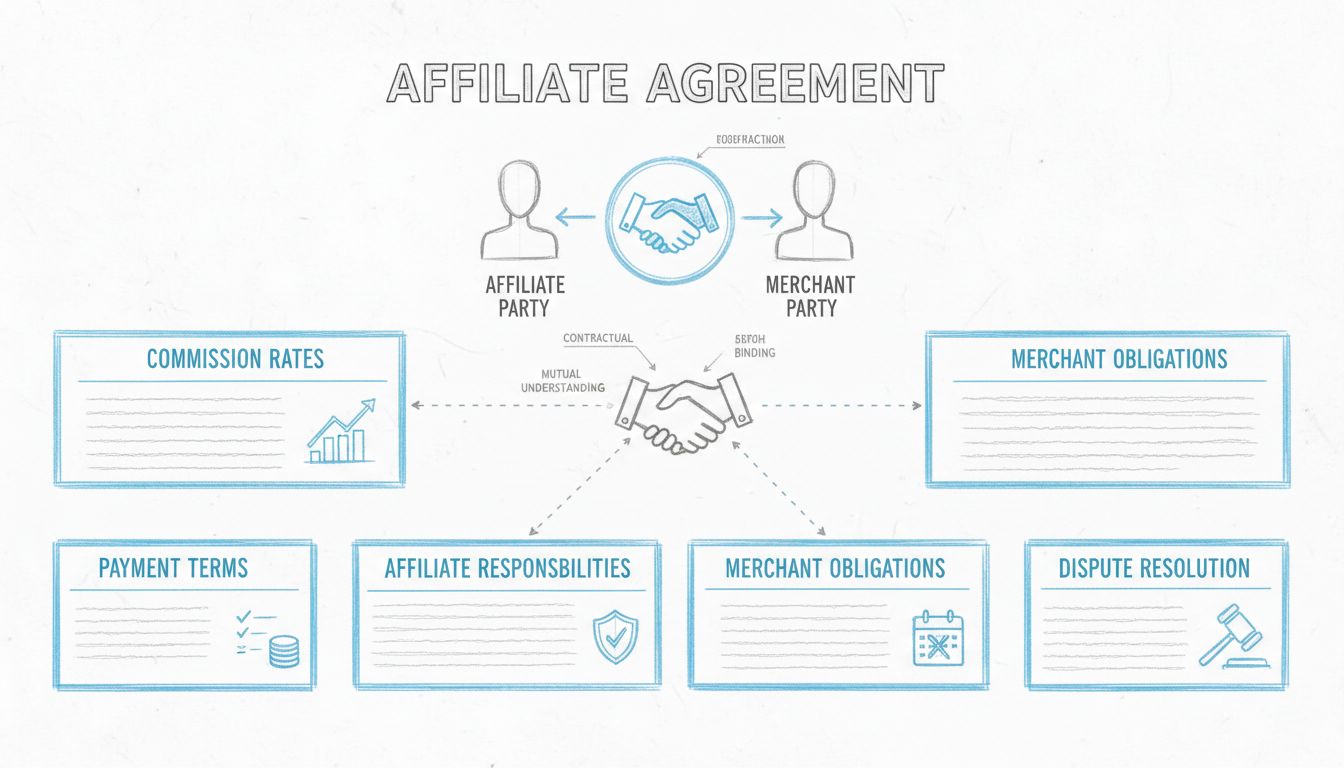 Diagramma a mano delle sezioni chiave di un contratto di affiliazione: percentuali di commissione, termini di pagamento, responsabilità dell'affiliato, obblighi del merchant, durata e risoluzione, risoluzione delle controversie