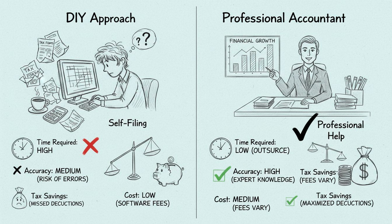 Diagramma comparativo tra dichiarazione fiscale fai-da-te e commercialista professionista per le tasse del marketing di affiliazione