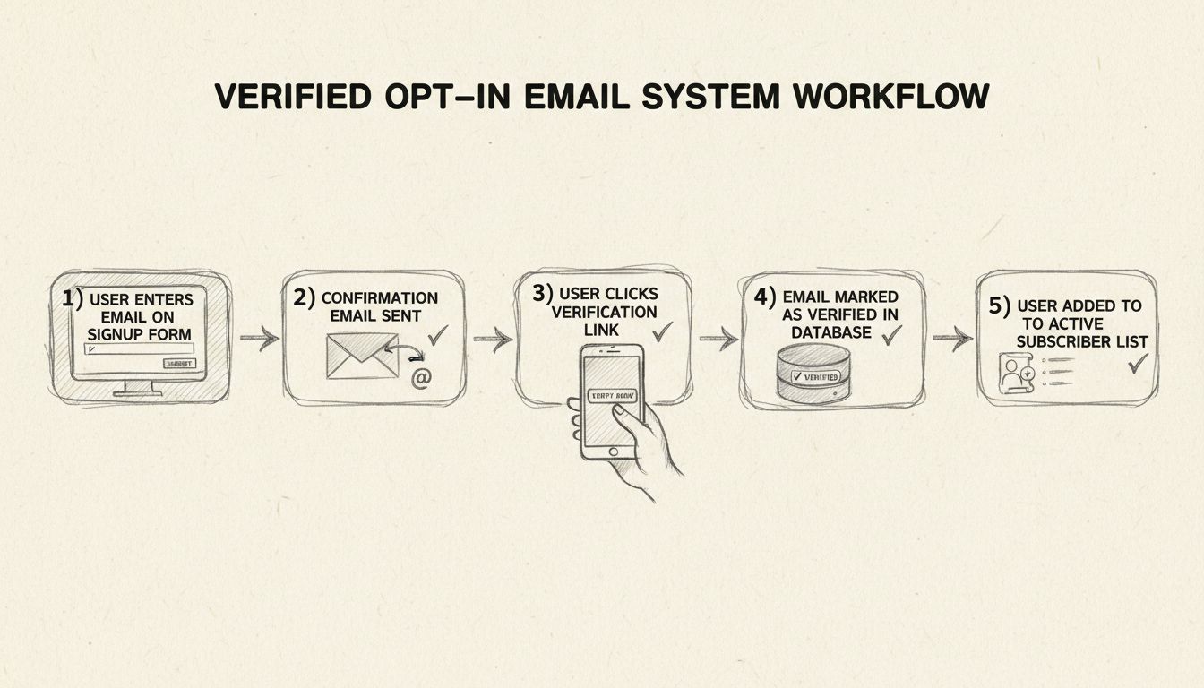Diagramma del flusso verified opt-in che mostra iscrizione email, consegna email di conferma, clic sul link di verifica, aggiornamento stato database e attivazione della lista iscritti