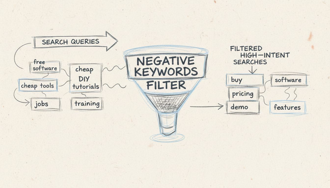 Schema disegnato a mano che mostra il processo di filtraggio delle parole chiave negative con ricerche irrilevanti a sinistra che vengono filtrate in un imbuto e solo le ricerche pertinenti ad alta intenzione passano a destra