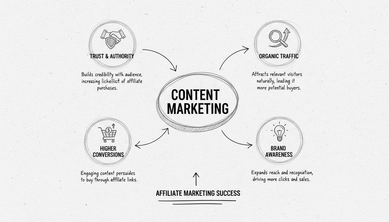 Diagramma disegnato a mano che mostra il content marketing collegato a fiducia, traffico organico, conversioni e notorietà del brand