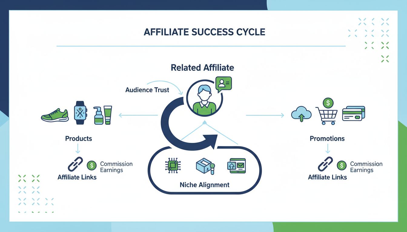 Diagramma dell'Affiliate Marketing Correlato che mostra l'allineamento di nicchia, la fiducia del pubblico e i guadagni da commissione
