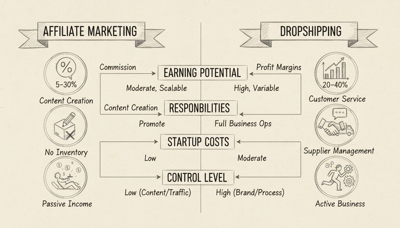 Diagramma comparativo disegnato a mano tra affiliate marketing e dropshipping che mostra potenziale di guadagno, responsabilità e metriche chiave