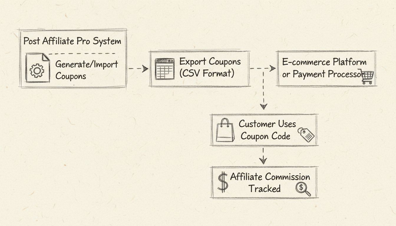 Diagramma del flusso di lavoro dell'esportazione dei coupon che mostra il processo da Post Affiliate Pro fino all'esportazione verso la piattaforma e-commerce e il tracciamento delle commissioni affiliate